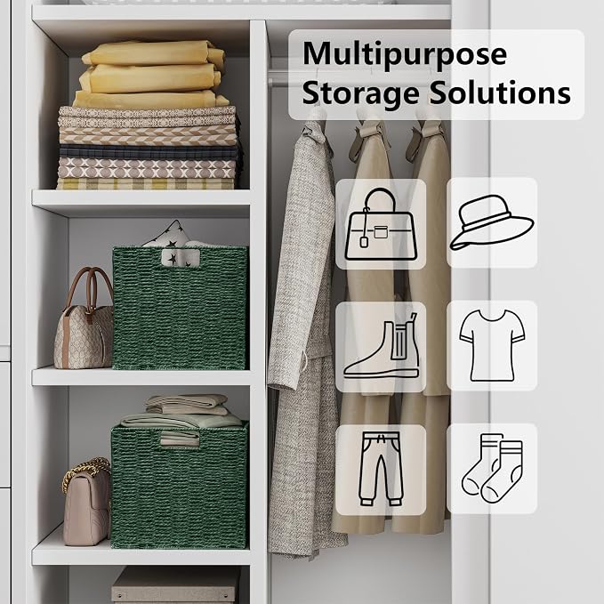 Vagusicc Wicker Storage Basket, Set of 2 Hand-Woven Paper Rope Wicker Baskets, Foldable Cube Storage Bins, Square Storage Baskets for Organizing Shelves & Decor, Green (11″×11″×11″)