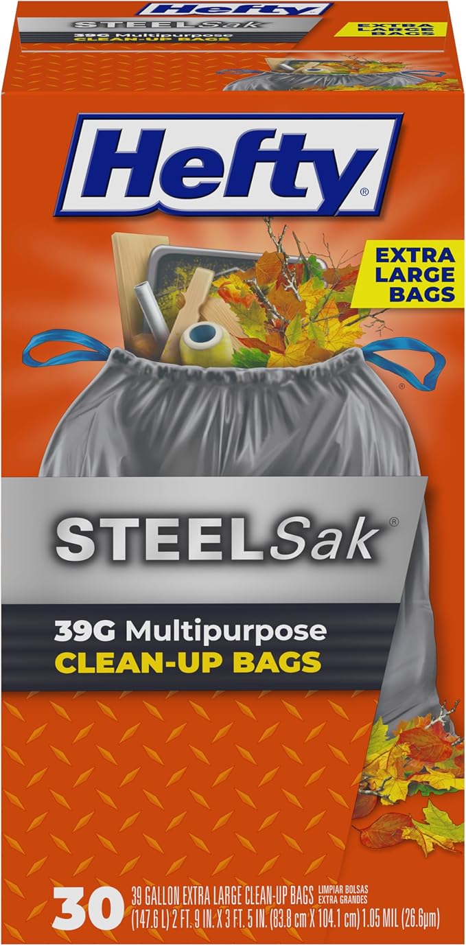 Hefty Steelsak Heavy Duty 39 Gallon Trash Bags, Gray, Unscented, 30ct | 39G Heavy Duty Trash Bags, 1.05 Mil Thick, Tear-Resistant Drawstrings, Resists Punctures, For Indoor and Outdoor Use