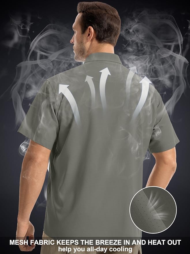 Mens Short Sleeve Fishing Shirt Sun Protection Quick Dry Lightweight | Breathable Fabric, Multi Pockets, for Fishing Safari Hiking Hunting Camping Outdoor Work Casual Wear
