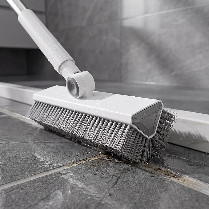 V-Shaped Floor Scrub Brush with Long Handle, Heavy-Duty Stiff Bristle Grout Cleaning Brush, 180° Rotating Tile Scrubber for Bathroom, Shower, Kitchen, Garage, Patio, Deck & Concrete Floors