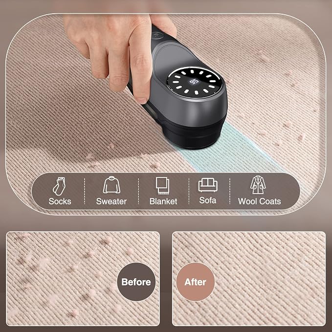 Fabric Shaver for Clothes, 2 Modes Lint Remover with 3 Stainless Steel 6-Leaf Blades, Electric Sweater Shaver Defuzzer with Battery Display Fast Remove Fuzz Lint Balls Pills Bobbles