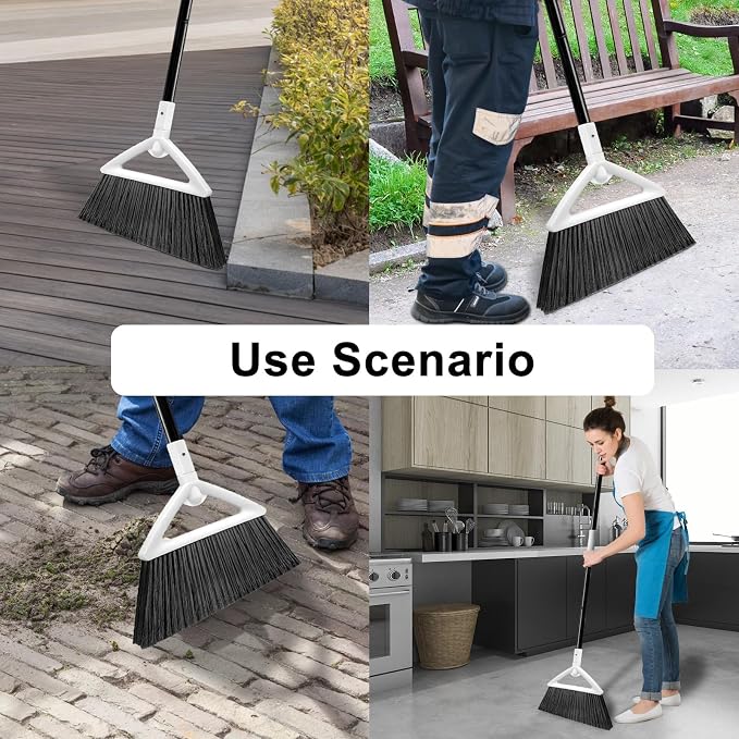 Heavy Duty White Angle Broom with Long Handle - 3 Pack | Versatile Indoor/Outdoor Sweeping, for Courtyard/Garage/Sidewalk/Kitchen/Lobby/Canteen, Durable & Efficient