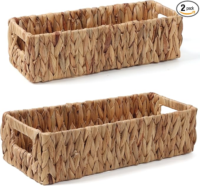 Moosky Wicker Storage Baskets with Handle Water Hyacinth Basket for Organizing Decorative Storage Bins for Countertop Toilet Tank Boho Rectangular Home Organizer (Natural, Set of 2)