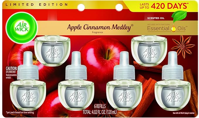Air Wick Plug-In Scented Oil Refills, 6 Count, Apple Cinnamon Medley, Air Freshener, Essential Oils