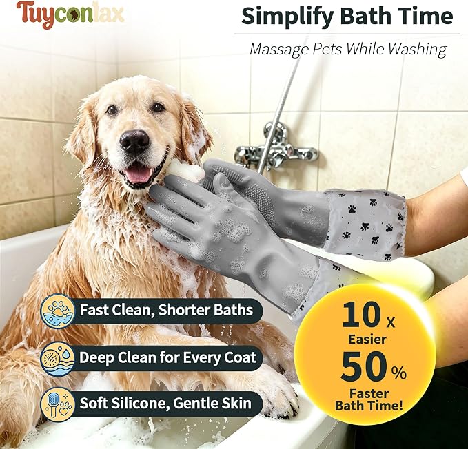 Long Sleeve Dog & Cat Washing Gloves, Pet Bathing Grooming Tool (Gray)