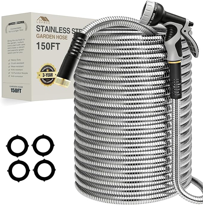 Lefree 150ft Stainless Steel Garden Hose with 10 Function Spray Nozzle | No Kink, Leak-Proof, Crush Resistant, Upgraded Protective Rubber Sleeve, for Lawn Care, RV Camp, Long-Distance Yard Watering