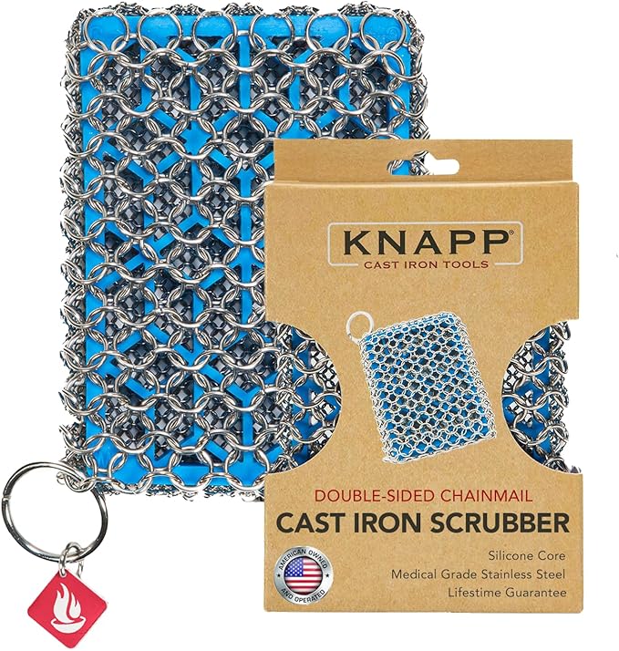 Knapp Made Premium Cast Iron Cleaner, 2-in-1 Combo Chainmail Scrubber with Silicone Core, Heavy Duty & Fine Mesh Rings for Cookware, Skillets and Pots, Premium Cast Iron Cleaner – Ice Blue