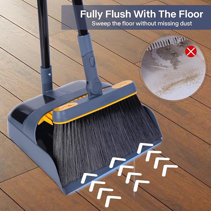 JEHONN Broom and Dustpan Set for Home, 54 Inches Long Handle Lightweight 180 Degree Rotating Indoor Upright Standing Dust Pan with Comb Teeth, Store Sweep Set for Room Kitchen Lobby Office