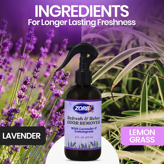 ZORBX Refresh & Relax Lavender Lemongrass Odor Remover Spray 8 Oz, 1-Pack | Natural Room Deodorizer for Medical Rooms, Closet, Home, Bathroom, Furniture, Carpet, Car, Gym & Laundry, Permanent Solution