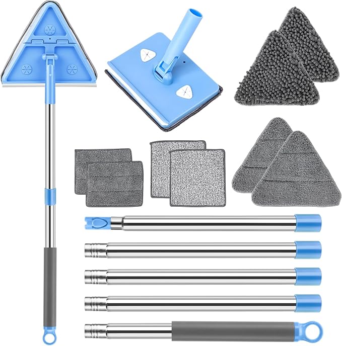CALBEAU Baseboard Cleaner Tool with Handle, Wall Mop with Squeegee, 8 Pads | 86" Extension Pole, Swivel & Foldable Head, 8 Reusable Pads for Baseboard, Wall, Ceiling, Window, Floor, Light Blue