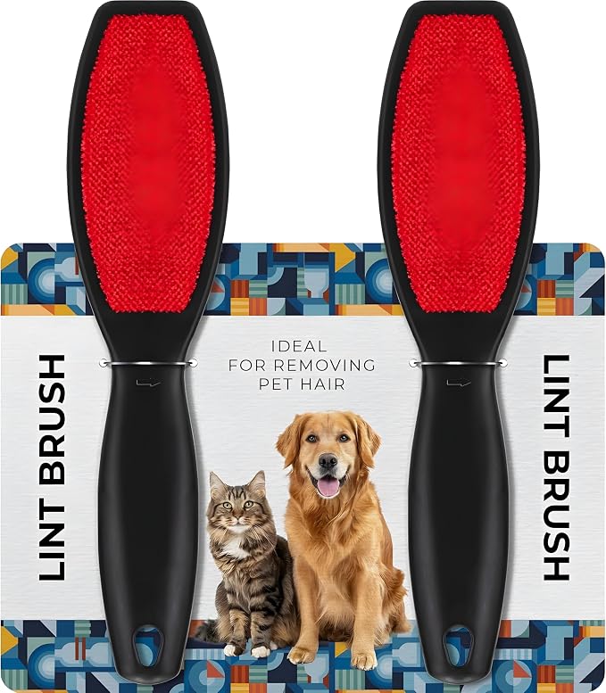 2 Pack Double-Sided Lint Brushes – Pet Hair Remover for Clothes, Furniture & Carpet – Reusable Brush for Cat & Dog Fur – Red Portable Lint Removal Tool for Fabric, Clothing, Upholstery