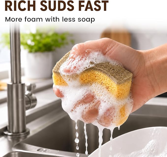 12 PCS Natural Sponges Kitchen, Dish Sponges with Coconut Scrub | Natural cellulose & Coconut fiber scrubber, Non-scratch cleaning, Rich suds fast, Flexible kitchen sponge, Easy Grip Shape