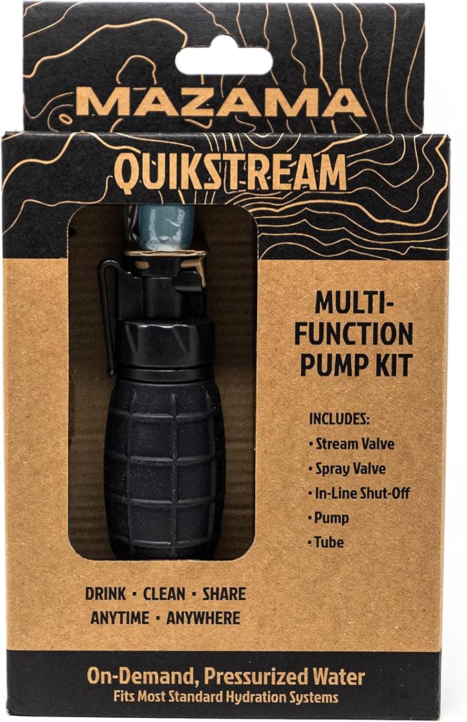 Mazama QuikStream Multi-Function Hydration Pump Kit – Pressurized Water System for Sharing, Cleaning & Cooling. Rinse Gear, Dishes, Pets, Sand & More. Fits Most Reservoirs. Squirt or Spray on Demand!