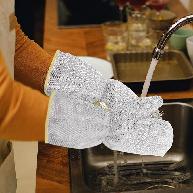 2pcs Long Cuff Waterproof Dishwashing Gloves with Silver Wire Mesh, Heat Resistant Non-slip Kitchen Cleaning Gloves for Oil Protection and Household Washing