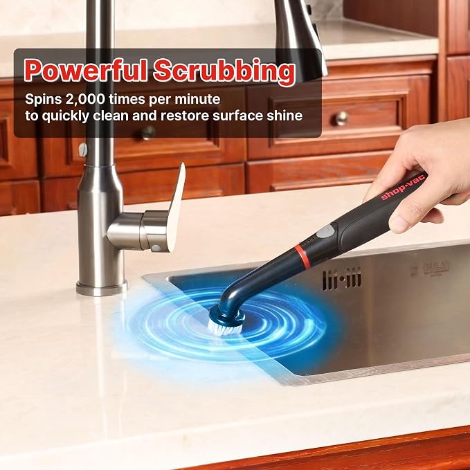 Shop-Vac Electric Spin Scrubber with 2000RPM Motor, Cordless, 90Min Runtime | 5 Replaceable Heads, IPX6 Waterproof, Cordless Electric Scrubber for Cleaning Grout, Tile, Bathroom, Kitchen