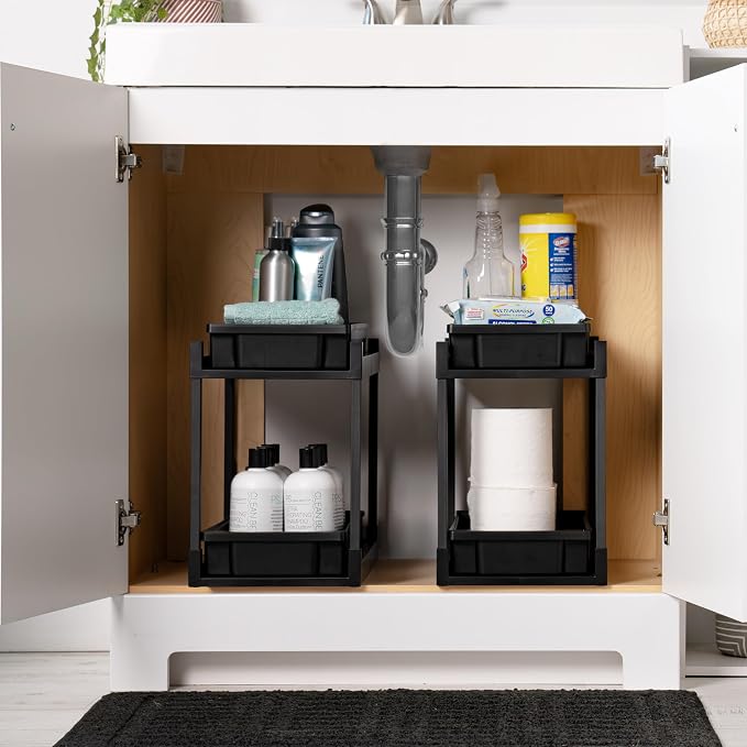 IRIS USA Under Sink Organizer, 4 Pack, Pull Out Storage Drawers | Tool-Free Assembly, 2-Tier Cabinet Storage, Space Saving, Vertical Spice Rack