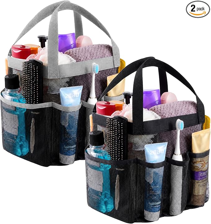 Lifewit Mesh Shower Caddy Portable, Dorm Room Essential, 2 Pack, Black&Grey | 2 Handles, Freestanding, Quick Dry Tote Bag, 7 Pockets, for Toiletry, Bathroom, Beach, Swimming, Gym, Camping, Travel
