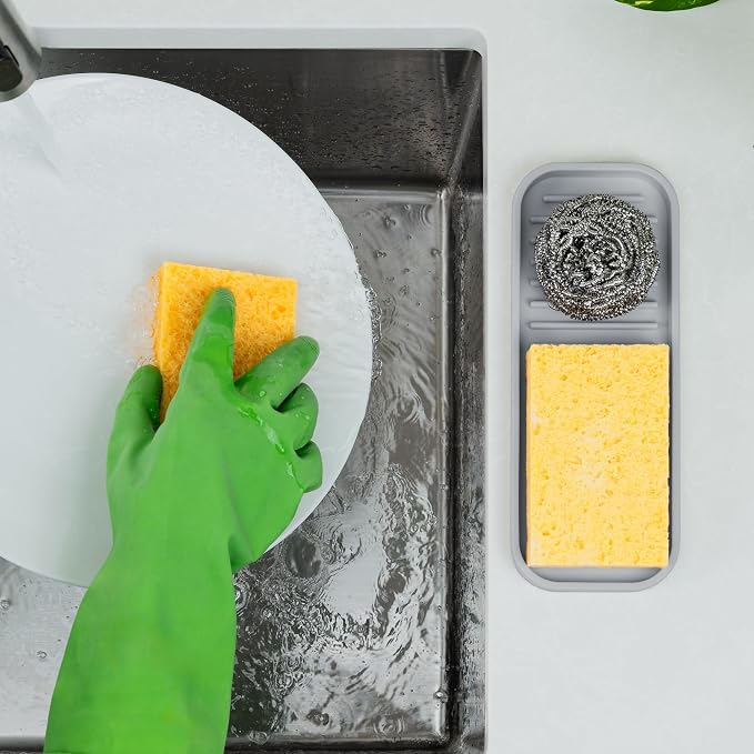 Zulay Kitchen (9x3.5in) Sponge Holder for Kitchen Sink - Flexible Heavy-Duty Multipurpose Sink Caddy - Counter Organizer for Kitchen, Bathroom, Makeup, Trinkets & More! (Grey)