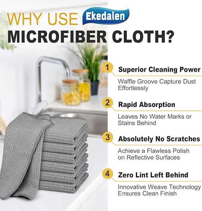 Microfiber Cleaning Cloth Lint Free Glass Polish, Grey | Waffle Weave Kitchen Towels, Quick Dry, Streak Free, Dust Rags for Household, 12 x12 in, 6 Pcak