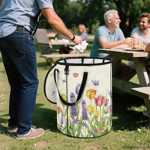 Tulip Butterfly Outdoor Collapsible Trash Can Lightweight & Easy to Carry Pop up Trash Can for Camping Foldable Waterproof Camping Essentials 24 Gal Yard Garden Garbage Bin