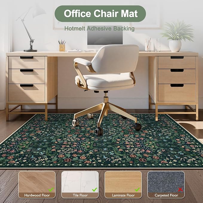 Anidaroel Floral Office Chair Mat for Hardwood & Tile Floor, 48"x60" Desk Chair Mat for Home Office, Under Desk Rug for Rolling Chair, Non Slip Computer Chair Mat, Low-Pile Carpet Protector Rug