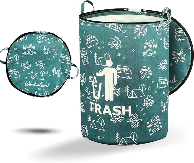 30 Gallon Collapsible Trash Can for RV Camping, Zip Lid | Portable, reusable. For RV, recycling, yard waste, leaf bag, toy bin, hiking, travel, weeds. Folds flat for storage.