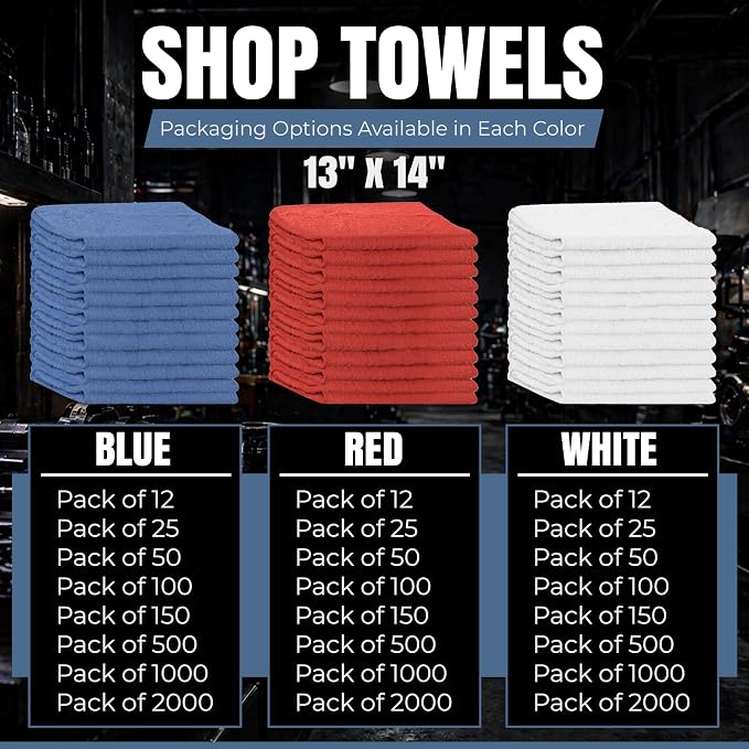 Premium Shop Towels Blue, 500 Pack, 13”x14”, Reusable Cleaning Rags Bulk, Multipurpose Commercial-Grade Shop Rags Cotton for Oil, Grease, Paint, Auto, Garage, Workshop, and Industrial Use