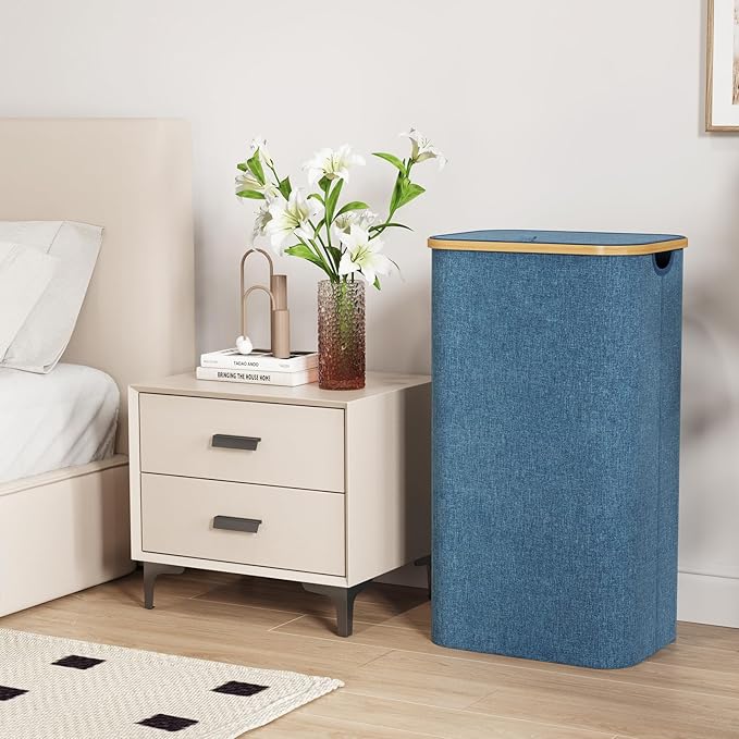 Lifewit 105L Laundry Basket with Lid, Clothes Hampers for Laundry with Bamboo Handles and 1 Removable Bag, Large Foldable Laundry Hamper for Bedroom, Bathroom, Dorm, Laundry Room, Dark Blue