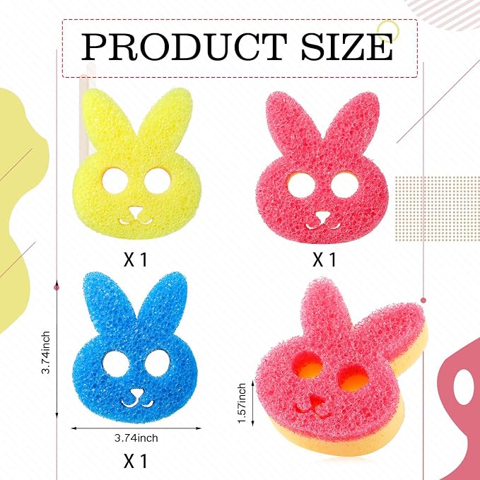 FillTouch Rabbit 3 Pcs Scrub Sponge, Pink, Yellow, Blue | Soft Non-scratch Cat Sponge, Dual Sided, Temperature Sensitive, Easy Clean, Multi Functional Sponge for Kitchen, Bathroom