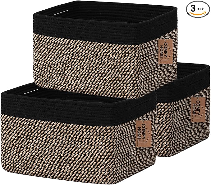 COMFY-HOMI 3PACK Cotton Rope Square Basket with Handles for Shelves|Dog Toy Bin and Storage|Baby Gift|Shoe Organizer|New 13.5" x 11" x 9.5" for Living Room (Black/Jute)