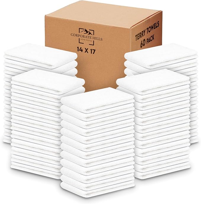 Terry Bar Mop Towels - 60 Pack (14"x17") White Cotton Terry Cloths, Super Absorbent Cleaning Rags, Reusable Bar Mop Towels for Kitchen, Garage, Salon, Spa & Commercial Use