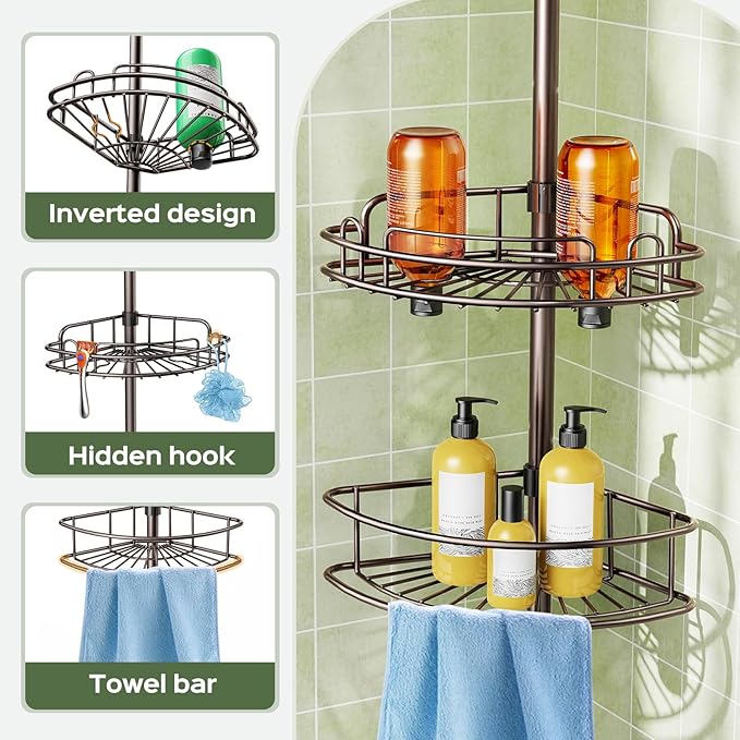 HAMITOR Corner Bathroom Organizer, 4-Tier Tension Pole Shower Caddy, Bronze | Rust-Resistant Adjustable Shelves, No-Drill Quick Install, Space-Saving Bathtub Storage For Renters, Families 47.7-123.7In