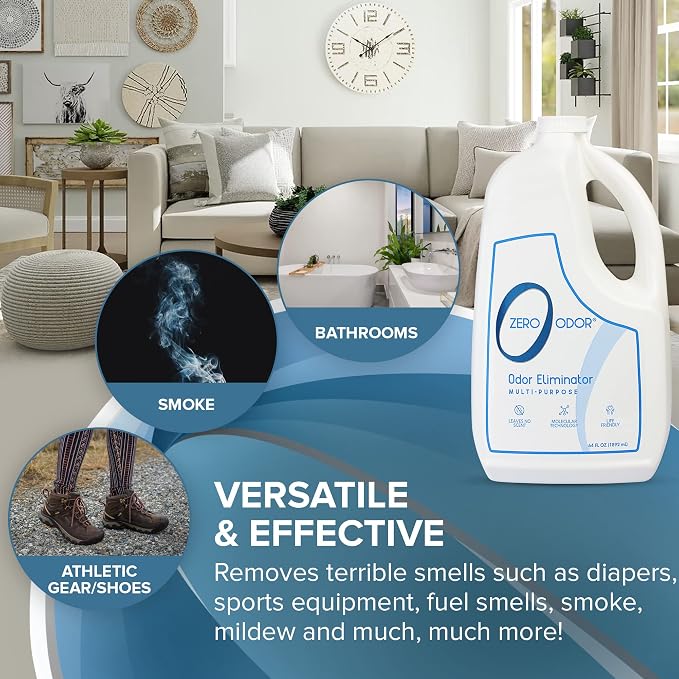 Zero Odor - Multi-Purpose Strong Odor Eliminator for Home, Office, Car, Bathroom, Hotel, Room Deodorizer, and Odor Neutralizer, 64oz Refill | Refill Bottle, Odor Eliminator for Hotel, Bathroom, Basement, Trash & Upholstery - Sprayer not Included