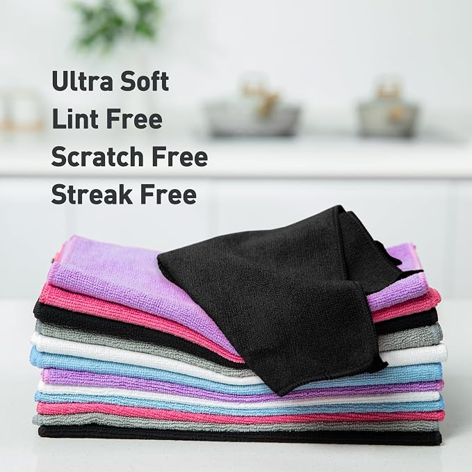 Black Microfiber Cleaning Cloth 13"x13", Ultra Soft Absorbent Microfiber Cleaning Rags for Housekeeping Cleaning Supplies, Lint Free Reusable Cleaning Cloths for House Washable, Pack of 12