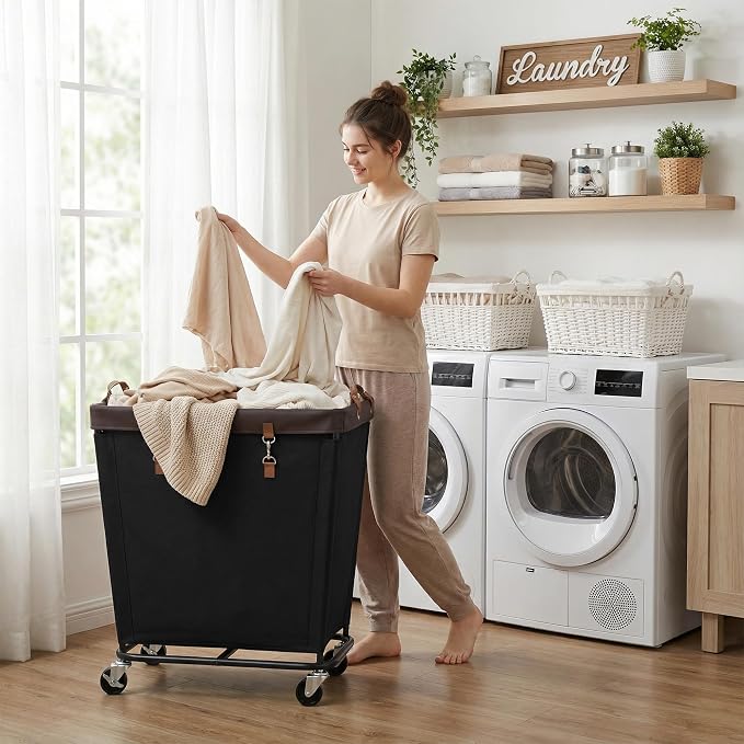 StorageWorks 210L Laundry Basket with Wheels, Rolling Hampers for Clothing | Large Black Laundry Basket with Wheels & Handles, Rolling Cart for Bedroom, Bathroom, Dorm, Hotel