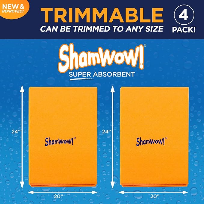 ShamWow Shammy Cloth 4-Pack, 20"x24", Super Absorbent Chamois Towel | Super Large, Lint-Free & Scratch-Free, Holds 10x Its Weight
