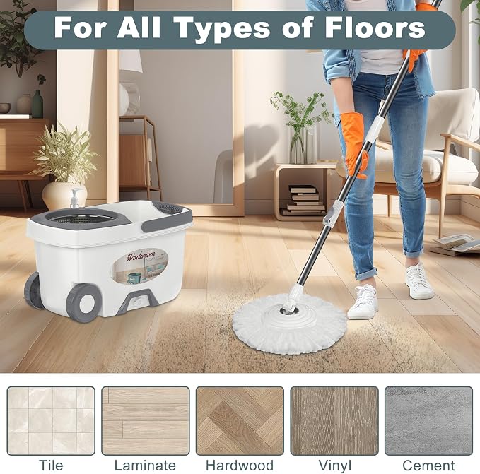 Traditional Large Spin Mop and Bucket, 2 Gal Capacity, White | 2 Rolling Wheels, Pull Handle, 61-Inch Handle, 6 Mop Heads, Easy Wringing, For Family Homes, Hardwood, Laminate & Tile Floors
