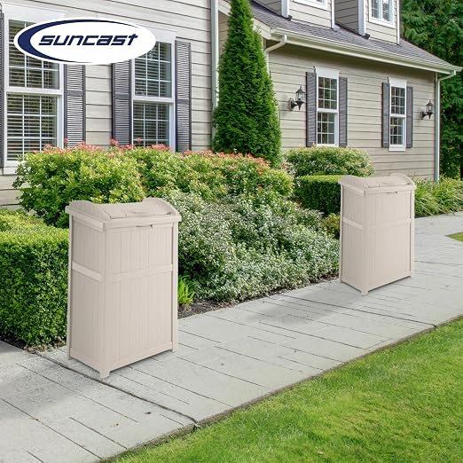 Suncast 2 Pack 15.75" x 16" x 31.6" Trash Hideaway 33 Gallon Resin Outdoor Commercial Garbage Container with Lid for Backyard, Deck, or Patio in Taupe