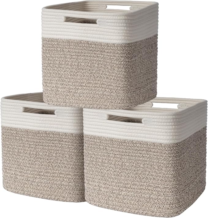 AELS Hand Woven Cotton Baskets for Storage, Cube Storage Bins with Handles, Foldable Collapsible Closet Organizers and Storage, Boho Farmhouse Storage Cubes for Shelves, Beige & Mixed Brown