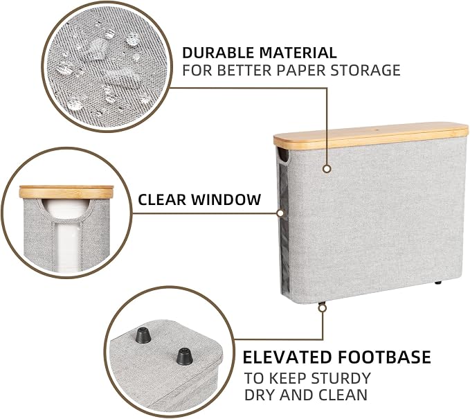 StorageWorks Toilet Paper Storage Basket with Bamboo Lid & Window | See Rolls at a Glance with Clear Window, Holds 12 Regular or 9 Mega Rolls for Bathroom Toilet Paper Storage, Grey