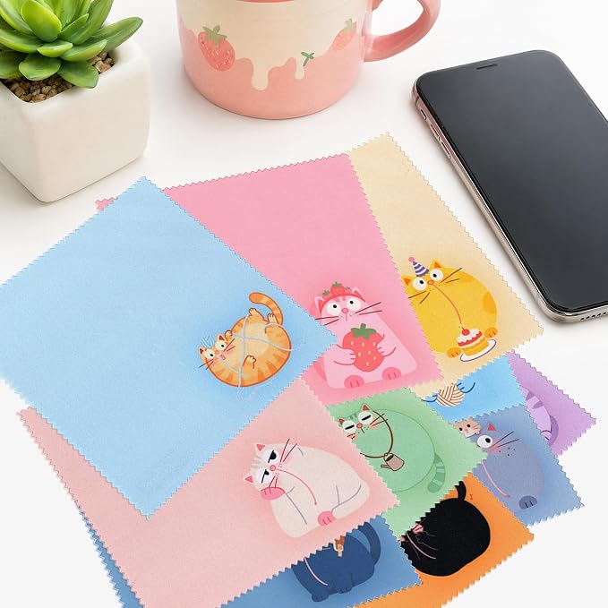 SEIBER Microfiber Cleaning Cloth Wipe for Glasses,10P Cute Cat Multicolor | for Eyeglass Lens Phone Screen and Camera,Soft Cloth,Streak-Free, Lint-Free, Scratch-Free