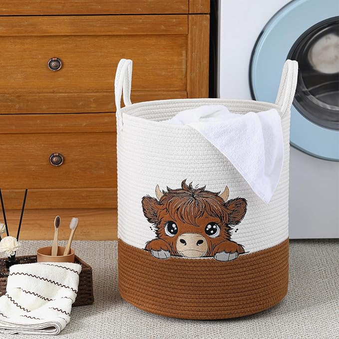 Honeydak Highland Cow Laundry Basket Brown Tall Cotton Rope Laundry Hamper Large Nursery Storage Basket for Toy Clothe Bathroom Bedroom Organization Decor, 15 x 17.7 Inches