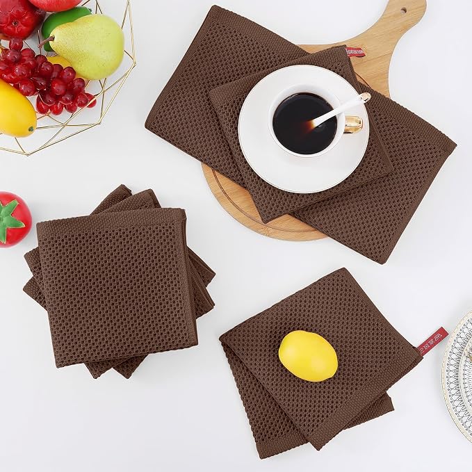 Homaxy 100% Cotton Waffle Weave Kitchen Dish Cloths 12-Pack, Coffee | 12 x 12 Inches, Ultra Soft Absorbent Dish Towels, Quick Drying Dish Rags with Hanging Loop