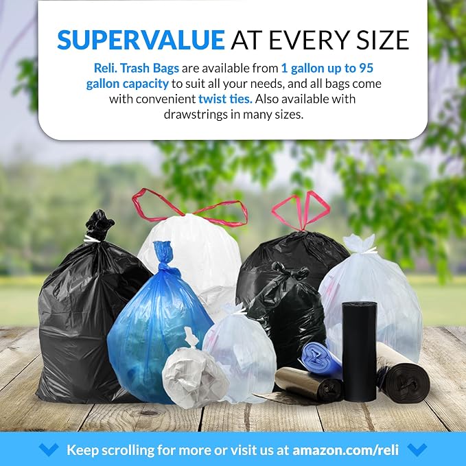Reli. 30-33 Gallon Trash Bags Heavy Duty | 250 Trash Bags, Twist Ties | Clear, Serious Garbage Cleanup | Large Garbage Bags with Twist Ties, Made in USA | SuperValue