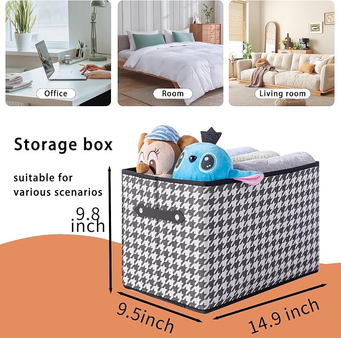 3 Pack Large Collapsible Storage Baskets for Shelves,14.9"x9.5" Fabric Closet storage Boxes with Leather Handles,Decorative Organizers Storage Bins for Clothes,Sheets,Toys,Books,(Houndstooth