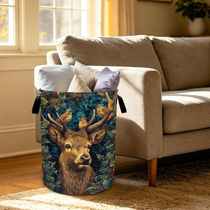 Deer Birds Laundry Basket Foldable Oxford Laundry Hamper With Handle For Room Bathroom Bedroom