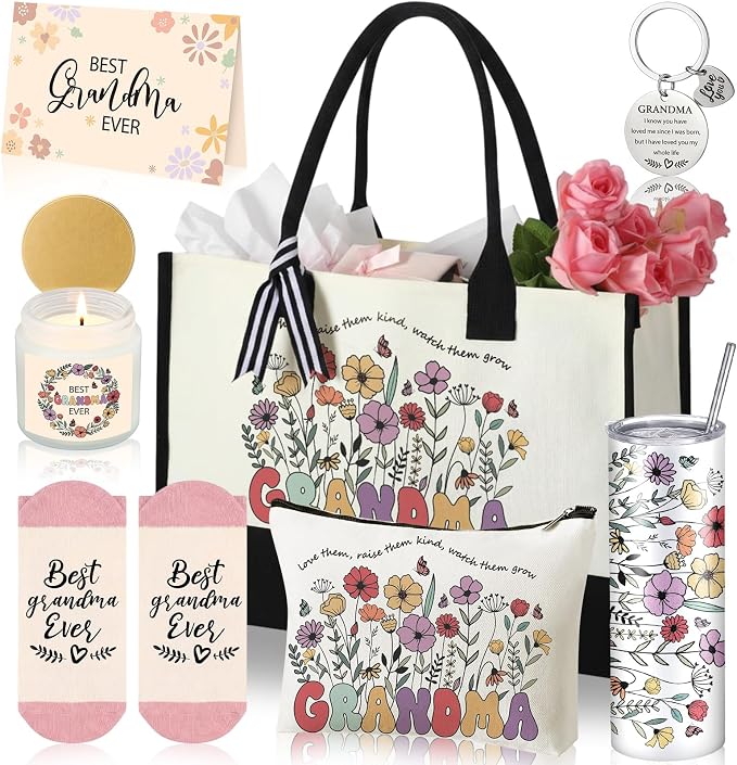 Patelai 7 Pcs Grandma Gifts, Christmas Grandma Gifts for Best Grandmother | Birthday Gift from Grandkids Grandchildren Thank You Set with 20oz Tumbler Tote Bag Candle Socks Makeup Bag Keychain Card