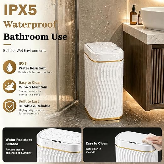 5 Gallon Automatic Bathroom Trash Can with Touchless Lid, White Gold | Motion Sensor Trash Can with Slim Waterproof Body; Small Plastic Garbage Can, hands-free lid for Bedroom, office, and kitchen