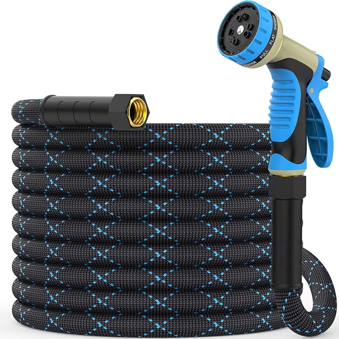 Non-Expanding Garden Hose 25ft w/10 Function Nozzle, Lightweight Water Hose