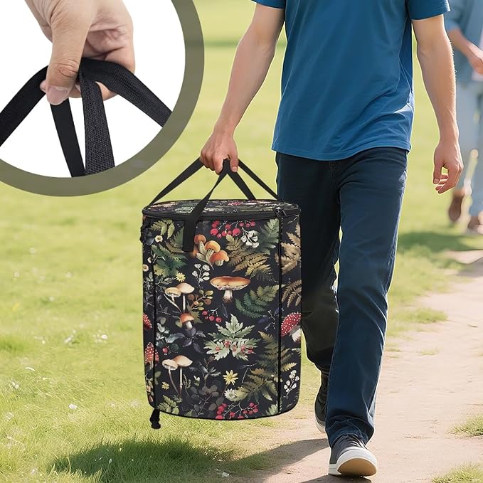 Leaves Mushroom Outside Garbage Can with Lid 24 Gallon Collapsible Trash Can Easy to Clean Pop-Up Storage Bag for Outdoor Parties Foldable Reusable Trash Bin Camper Must Haves